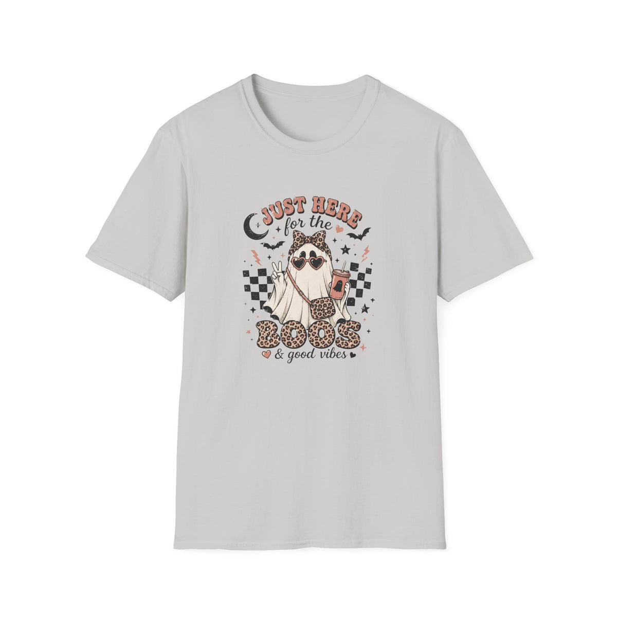 A light gray short-sleeve crewneck t-shirt featuring a Halloween graphic of a cat in sunglasses with the text 'JUST HERE for the BOOBS & good vibes'.