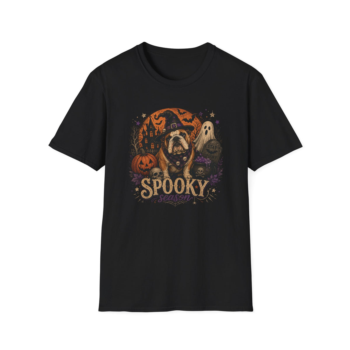 A black short-sleeve crewneck t-shirt featuring a 'Spooky Bulldog' graphic print on the front, displayed against a solid white background.