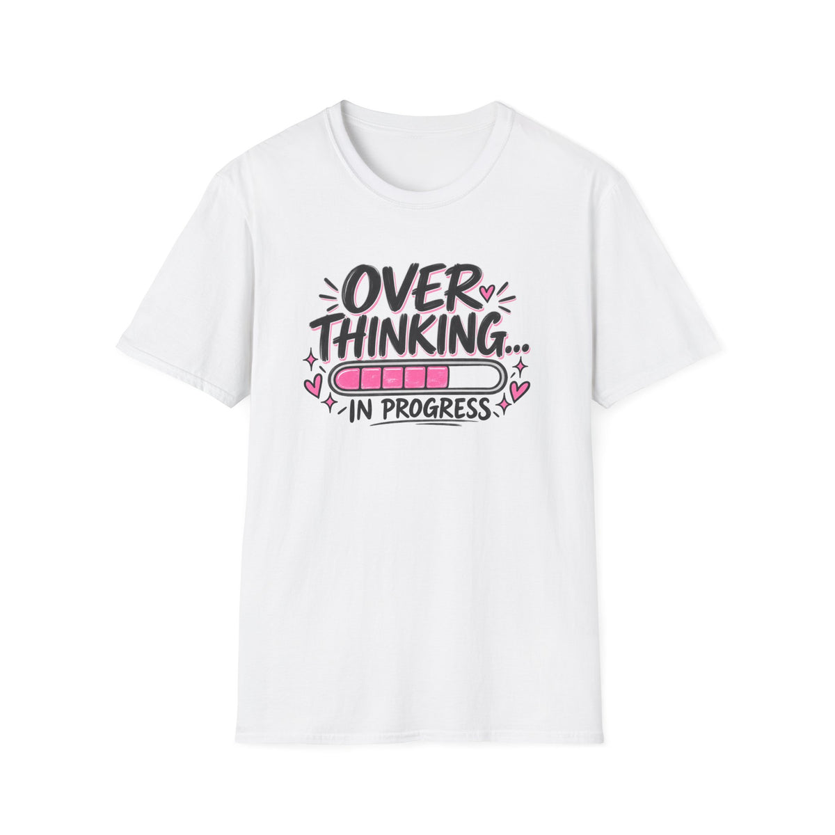 A white short-sleeve crewneck t-shirt featuring a graphic on the chest that reads 'OVER THINKING.