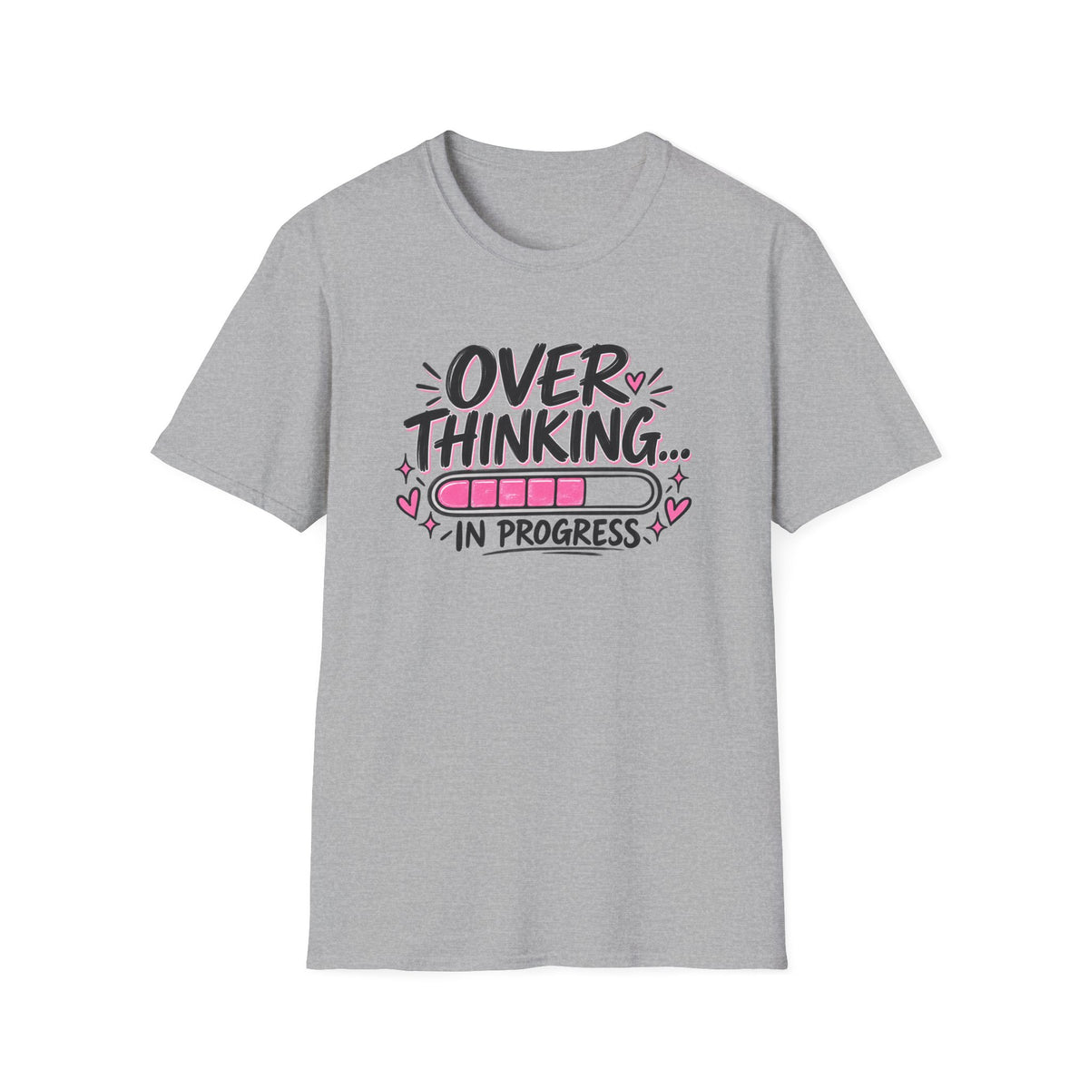 A light heather gray short-sleeve t-shirt with a graphic on the chest that reads 'OVER THINKING.