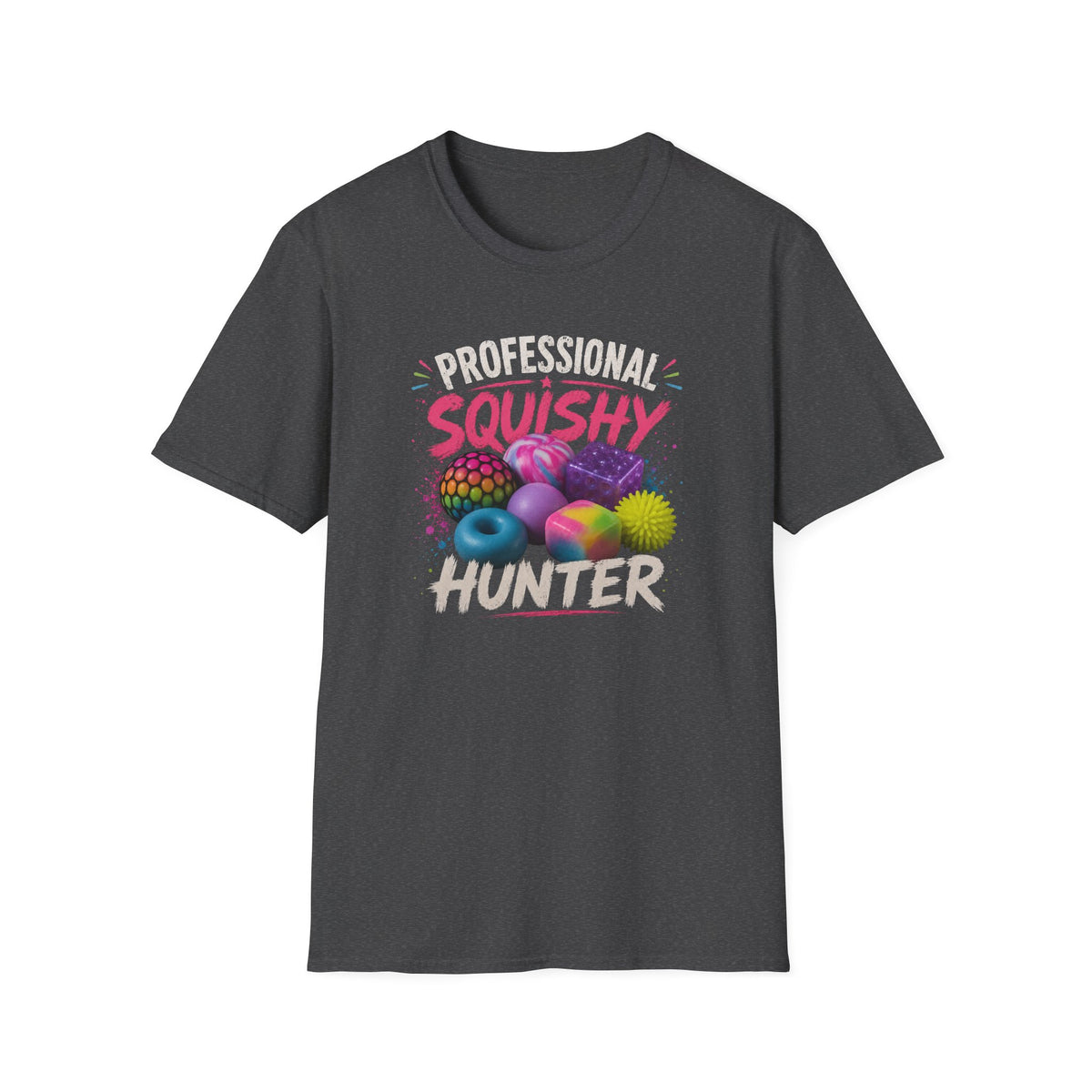 A purple short-sleeve crewneck t-shirt featuring a colorful graphic print on the front with the text 'PROFESSIONAL SQUISHY HUNTER' and illustrations of various squishy toys, shown against a plain white background.