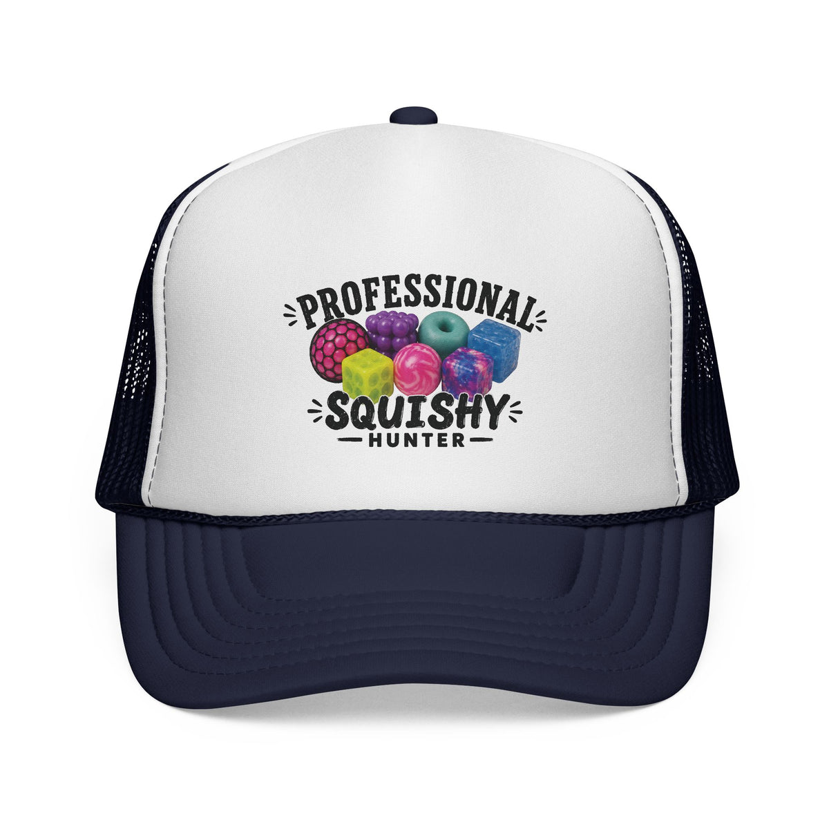 A white and navy blue trucker hat with a graphic on the front panel that reads 'PROFESSIONAL SQUISHY HUNTER' with colorful squishy balls, shown against a plain white background.