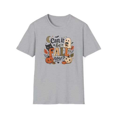 A light heather gray short-sleeve crewneck t-shirt featuring a colorful Halloween graphic on the front with the text 'Can it be FALL now?' and illustrations of pumpkins, ghosts, a black cat, and autumn leaves.