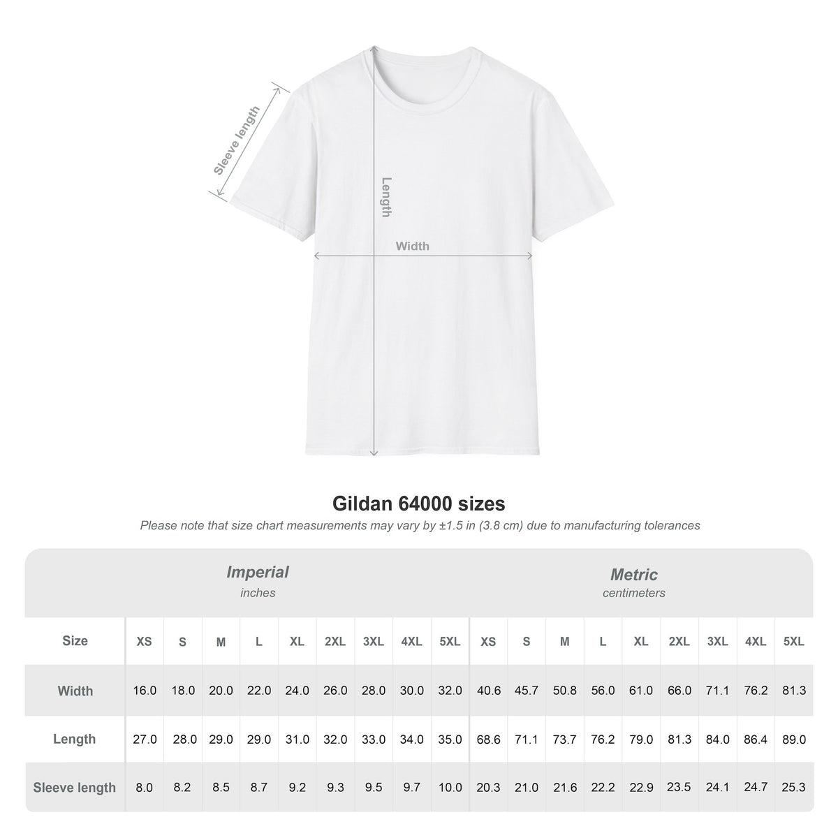 Gildan 64000 style shirt size guide. 