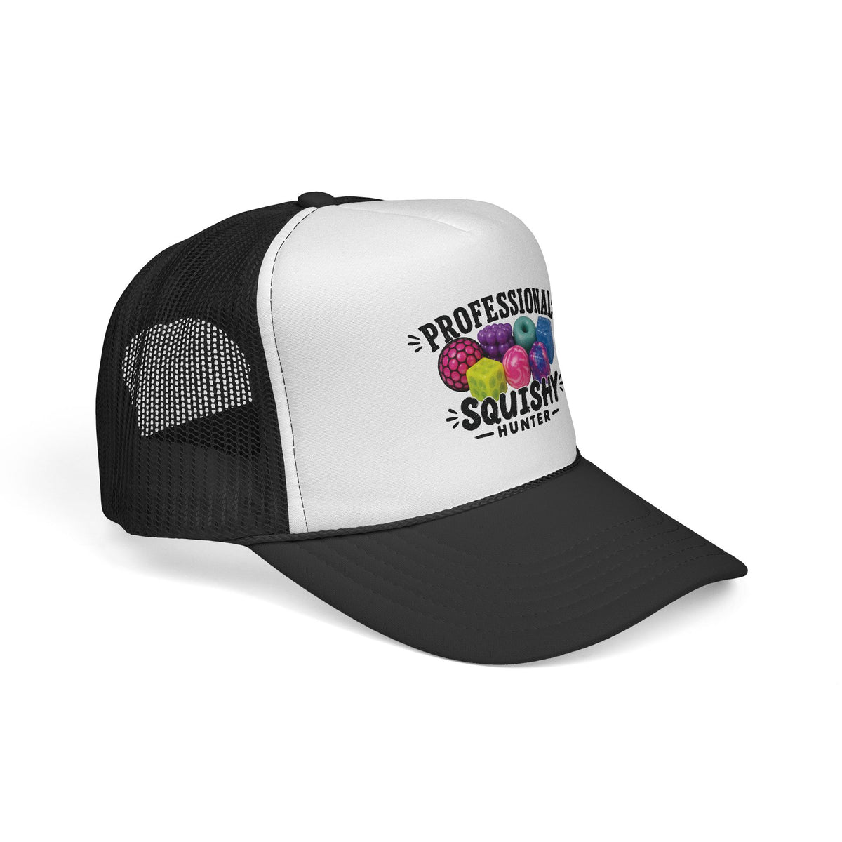 Black and white trucker hat with a colorful logo on a white background