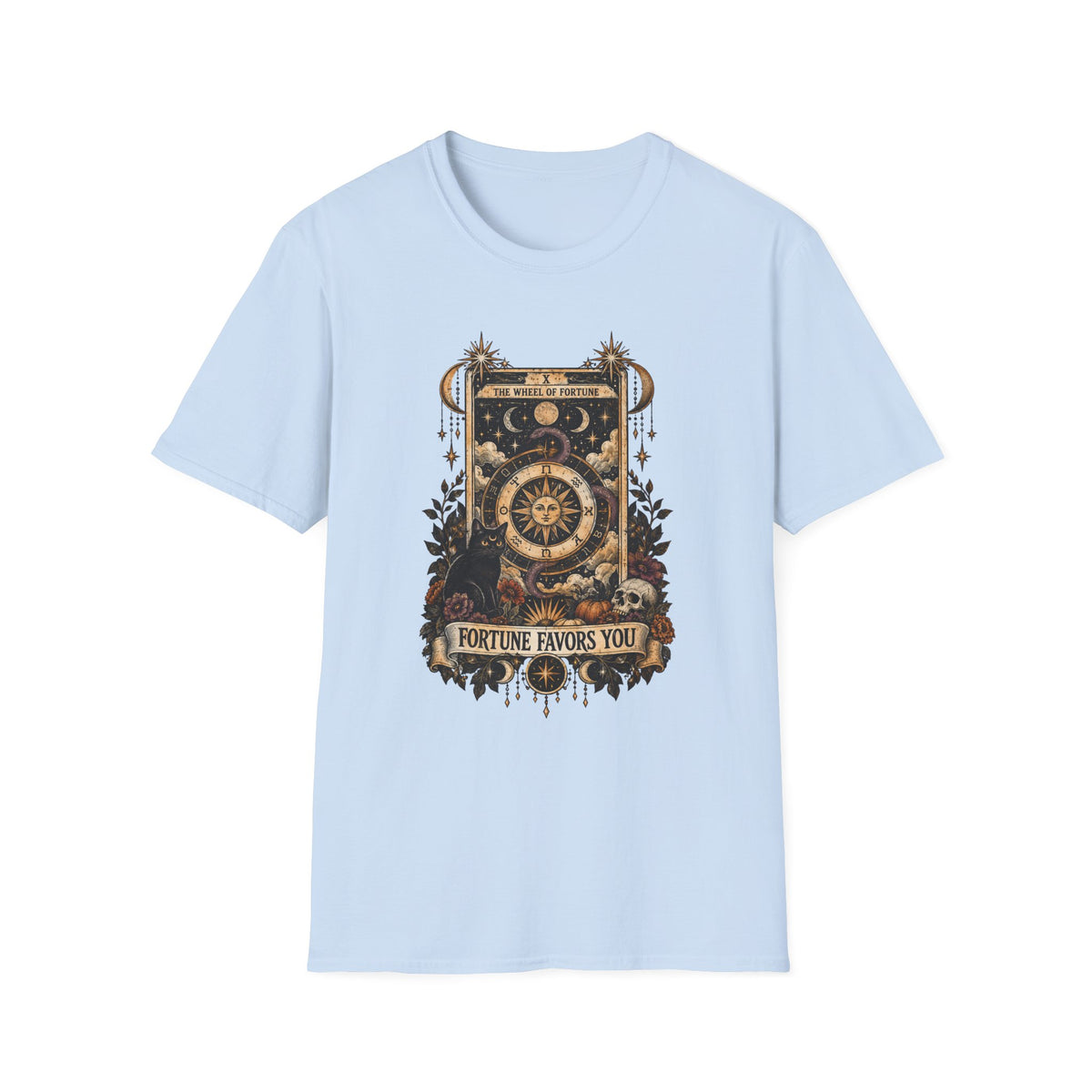 Light blue colored shirt with tarot card and cat that reads fortune favors you. 