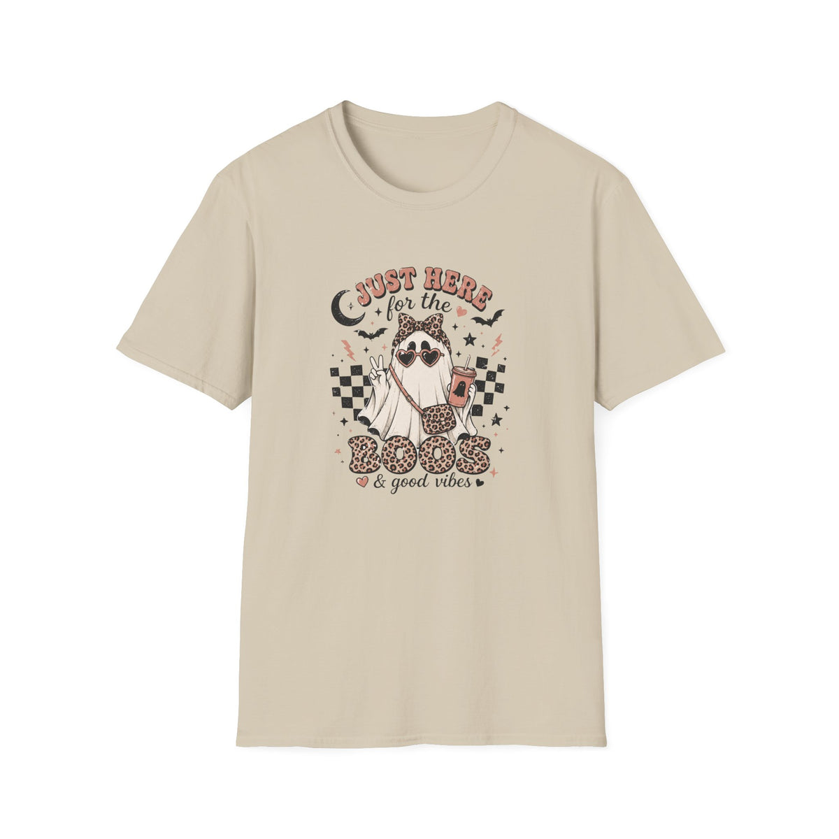 A beige short-sleeve crewneck t-shirt featuring a graphic print of a ghost wearing sunglasses and a leopard-print bow tie, with the text 'JUST HERE for the & good vibes'.