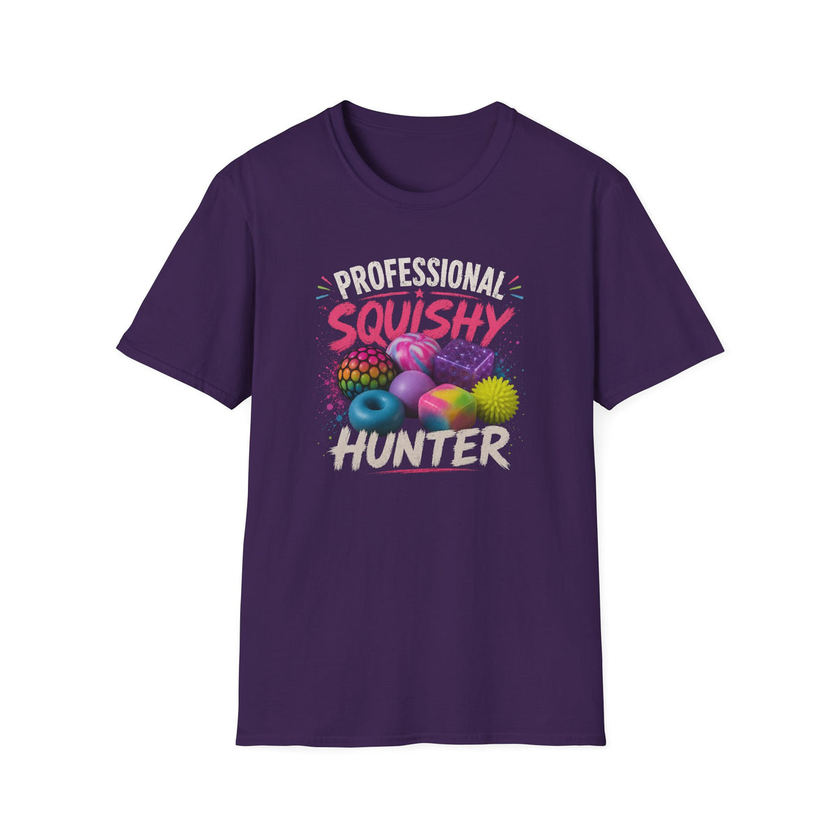 A purple short-sleeve crewneck t-shirt featuring a colorful graphic print on the front with the text 'PROFESSIONAL SQUISHY HUNTER' and illustrations of various squishy toys, shown against a plain white background.