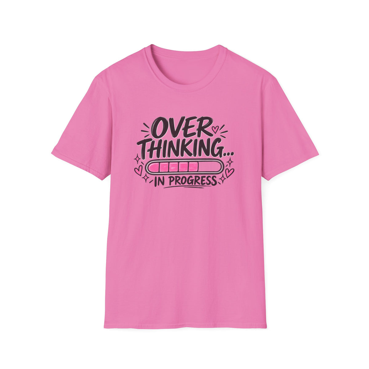 A pink short-sleeve crewneck t-shirt featuring a black graphic print on the chest that reads 'OVER THINKING.