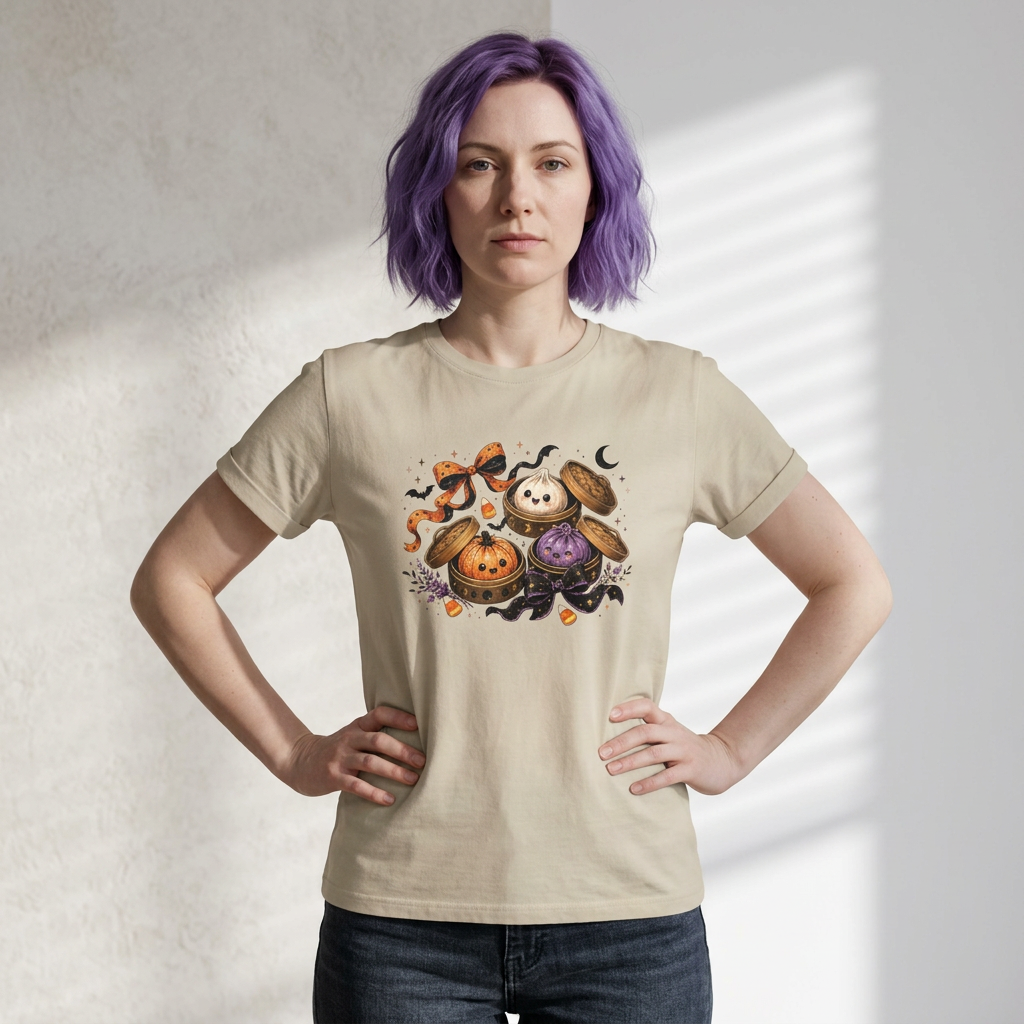 A woman with purple hair wearing a beige graphic t-shirt featuring a cute Halloween macaroni illustration, posed against a textured wall with window shadow light.