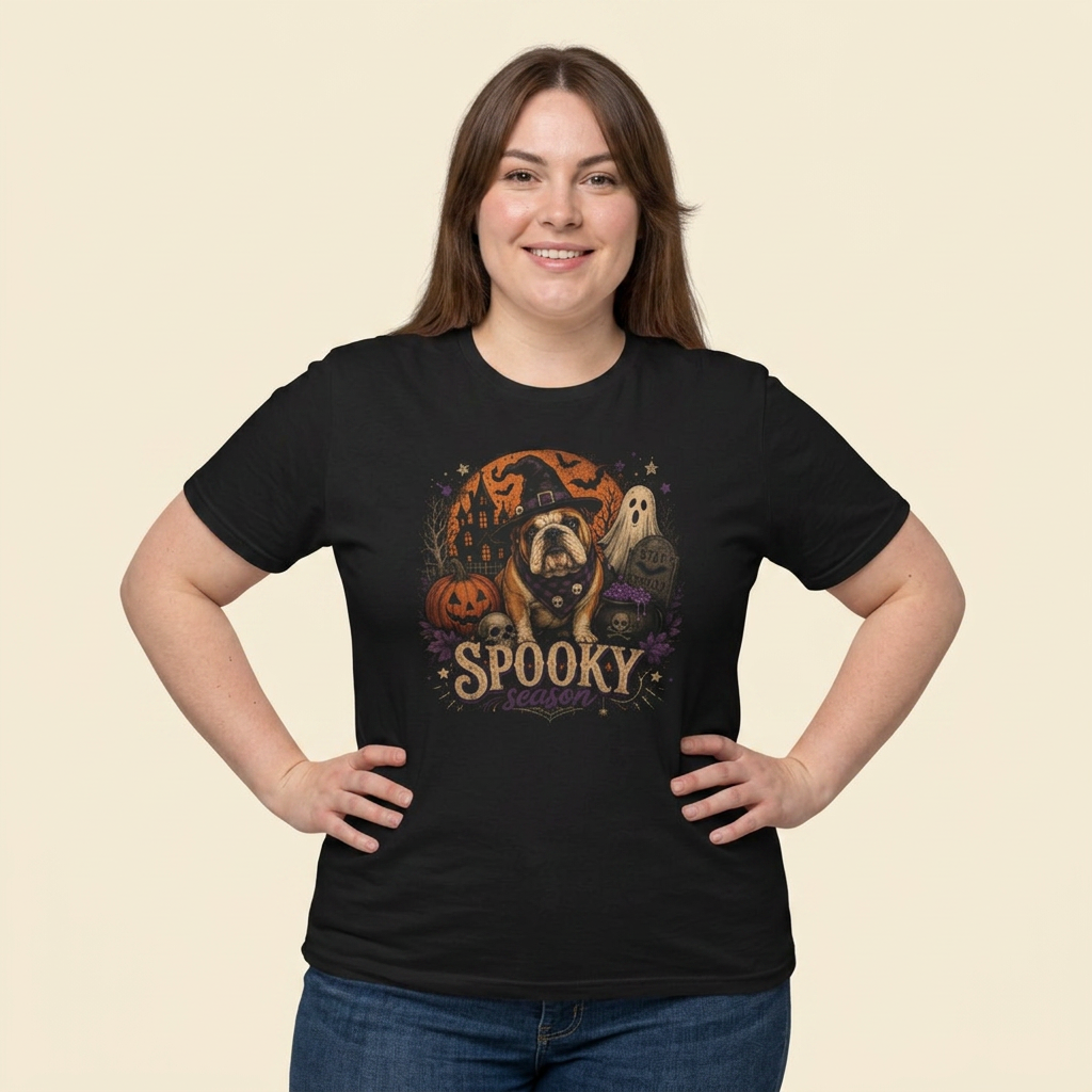 A woman modeling a black short-sleeve graphic t-shirt with a 'Spooky Dog' Halloween design featuring a bulldog, pumpkins, and ghosts, set against a solid beige background.