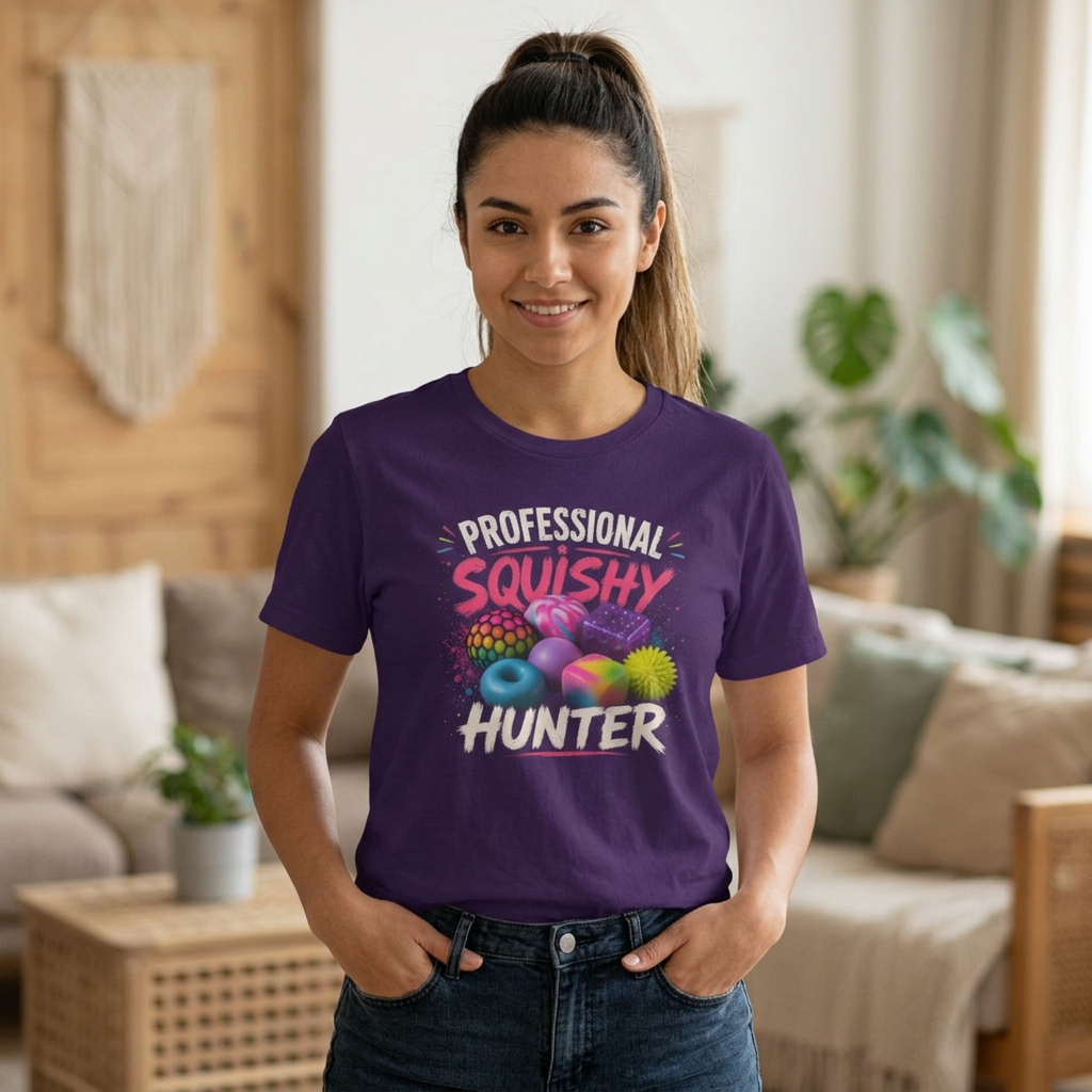 A woman wearing a purple graphic t-shirt with the text 'PROFESSIONAL SQUISHY HUNTER' and colorful squishy ball illustrations, standing in a cozy living room setting.