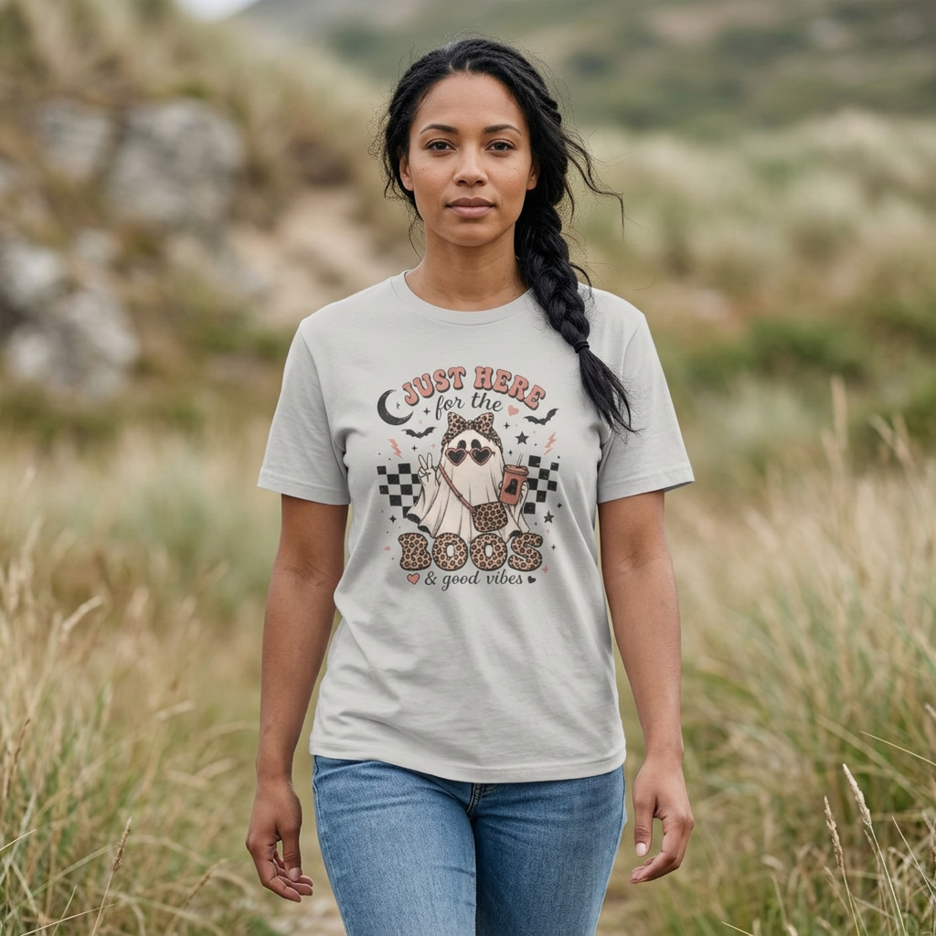 A woman wearing a light gray graphic t-shirt with a spooky cat design and the text 'Just Here for the BOOS & a good time', standing in a grassy outdoor field.