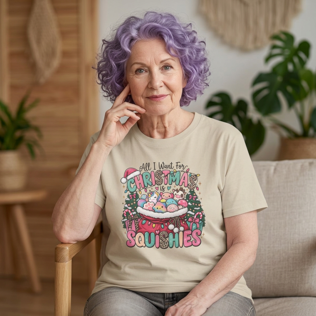 An older woman with purple curly hair sits in a wooden chair wearing a beige graphic t-shirt. The shirt features a colorful cartoon design of Easter eggs and the text 'All I Want For Christmas Is SQUISHIES'.