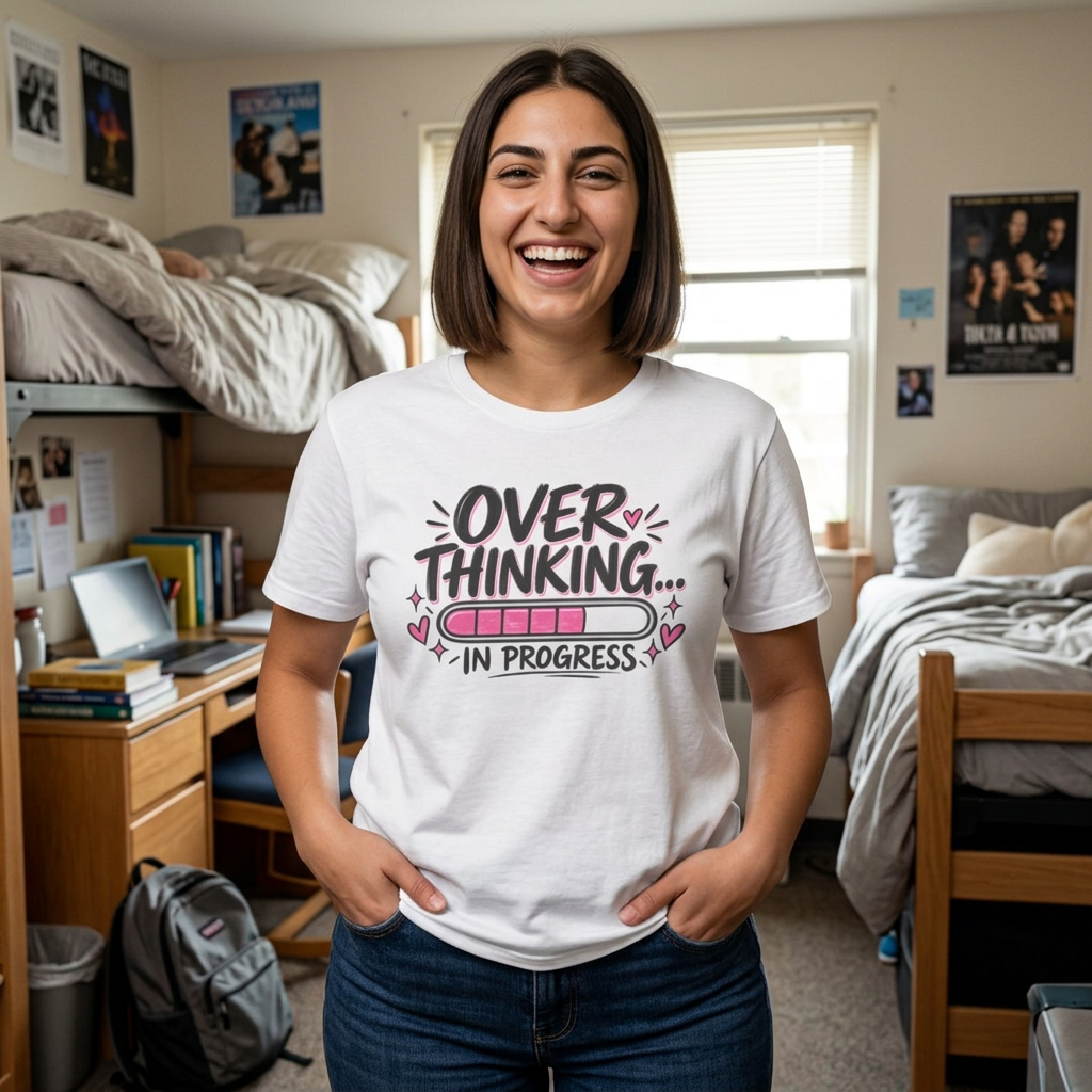 A woman smiling in a dorm room wearing a white graphic t-shirt that reads 'OVER THINKING.
