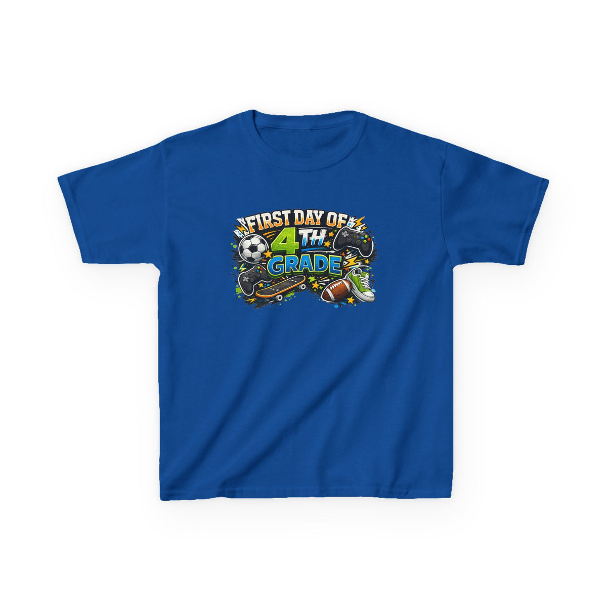 A royal blue short-sleeve kids' t-shirt with a colorful 'First Day of 4th Grade' graphic on the chest, displayed against a plain white background.