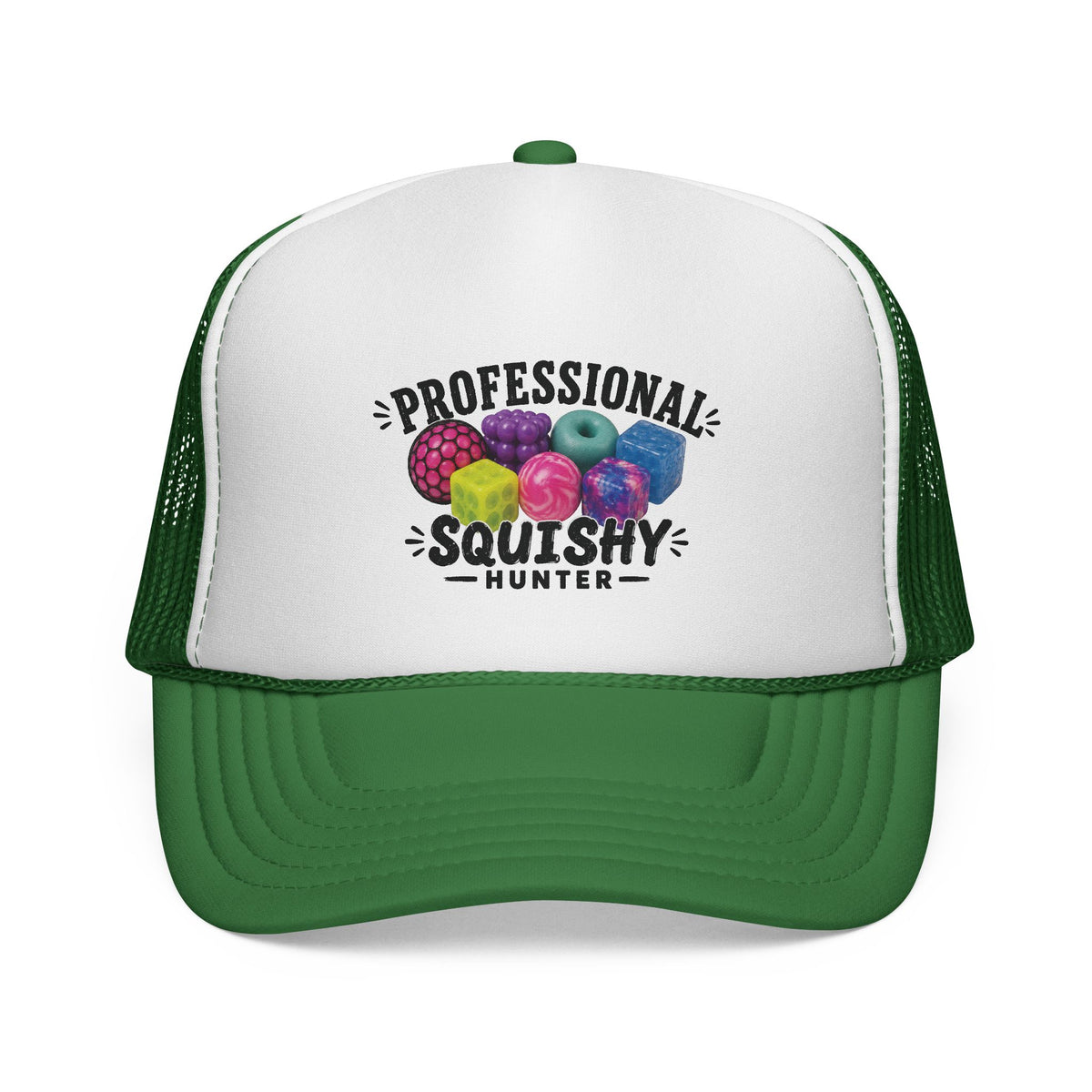 A green and white trucker hat with a graphic on the front panel that reads 'PROFESSIONAL SQUISHY HUNTER' above a cluster of colorful squishy balls, shown against a plain white background.