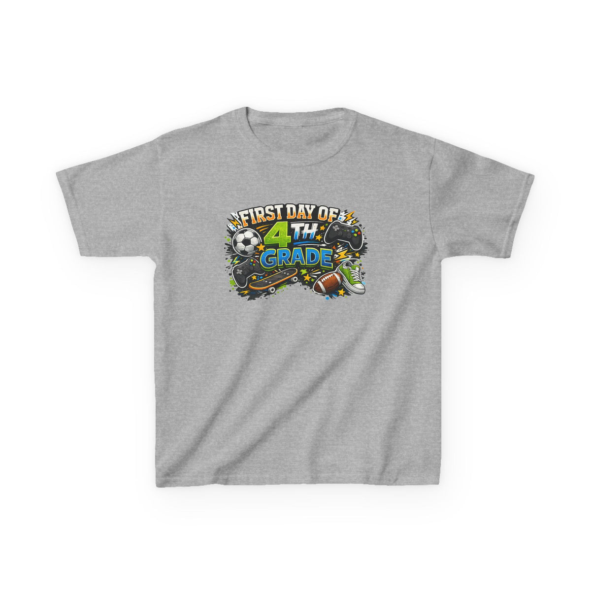 A heather gray kids' short-sleeve t-shirt with a colorful graphic on the chest reading 'FIRST DAY OF 4TH GRADE' with sports balls and a football.