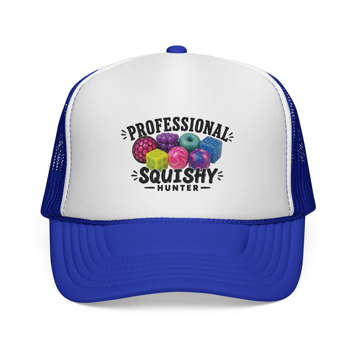 A blue and white trucker hat with a graphic on the front panel that reads 'PROFESSIONAL SQUISHY HUNTER' above a cluster of colorful squishy balls, shown on a plain white background.