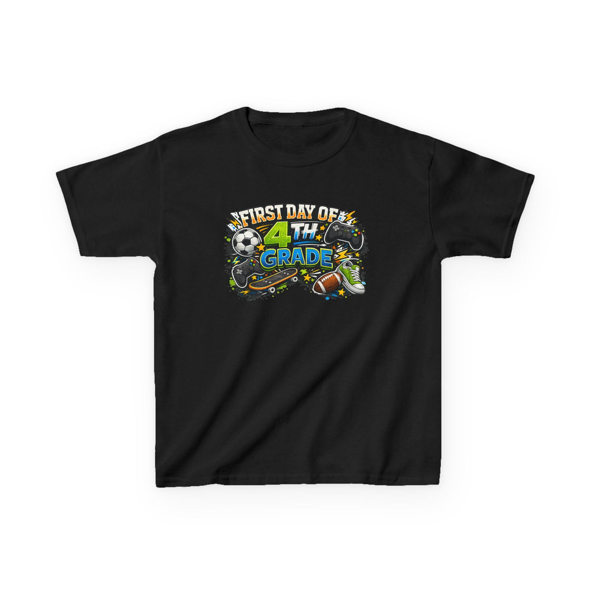 A black short-sleeve kids' t-shirt with a colorful graphic on the chest that reads 'FIRST DAY OF 4TH GRADE' with sports-themed illustrations including a soccer ball, football, and skateboard.
