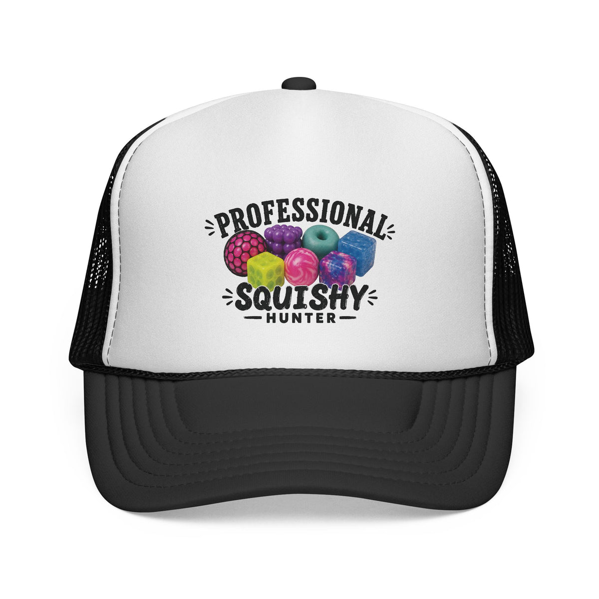 A black and white trucker hat featuring a colorful graphic of squishy toys and the text 'PROFESSIONAL SQUISHY HUNTER' printed on the front panel.