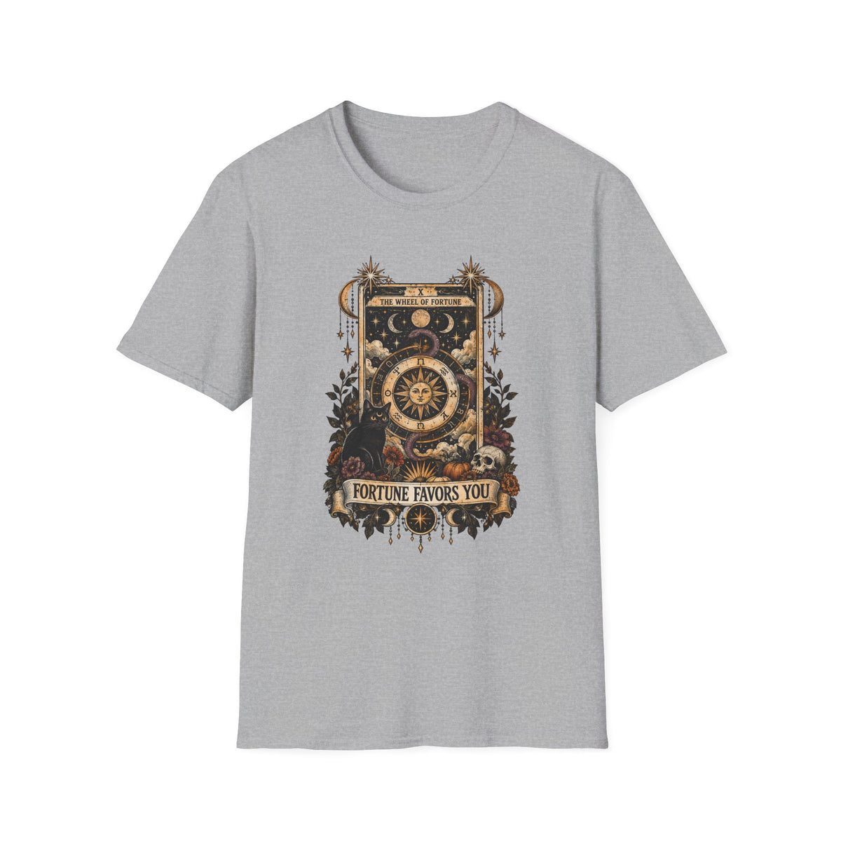 Gray colored shirt with tarot card and cat that reads fortune favors you. 