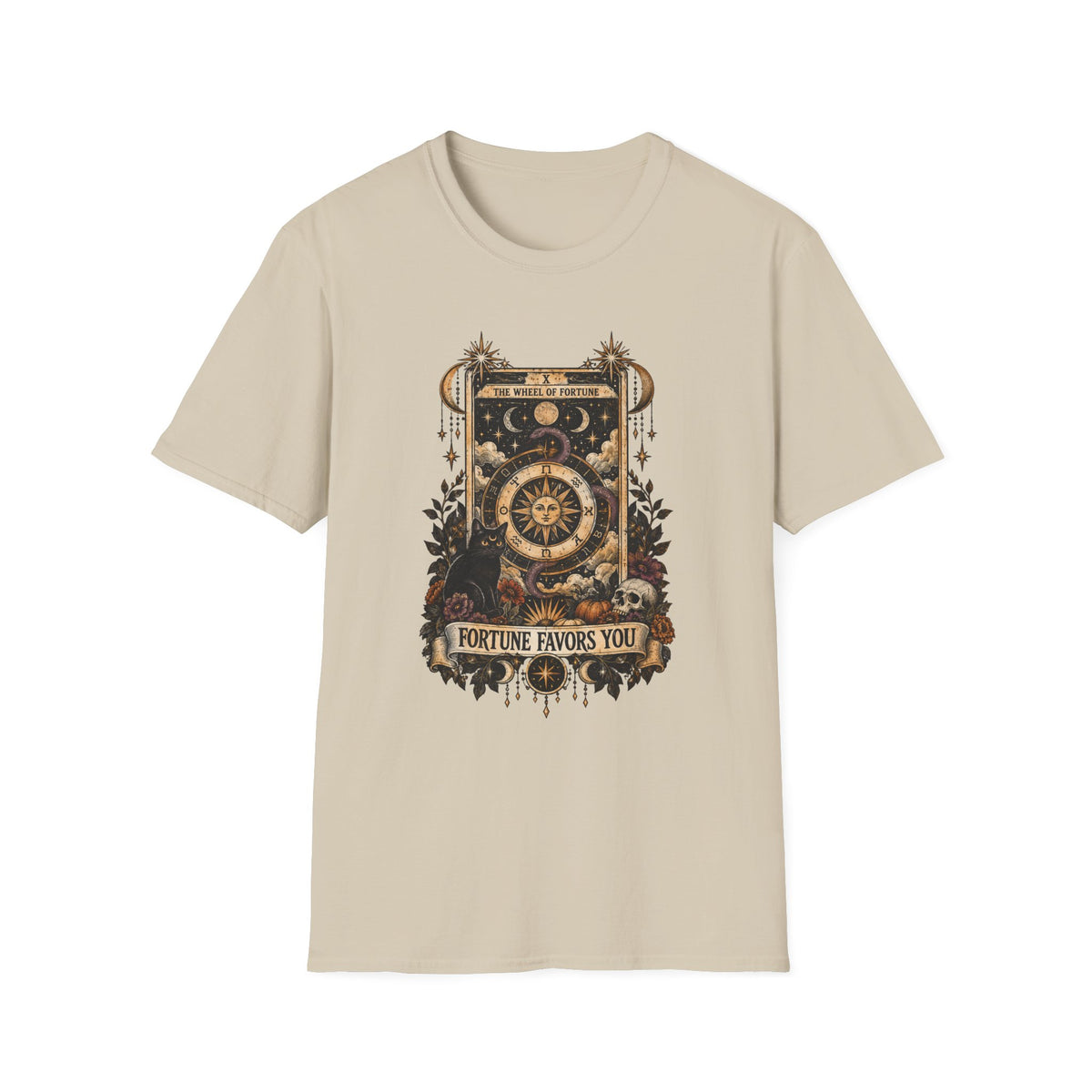 Tan colored shirt with tarot card and cat that reads fortune favors you. 