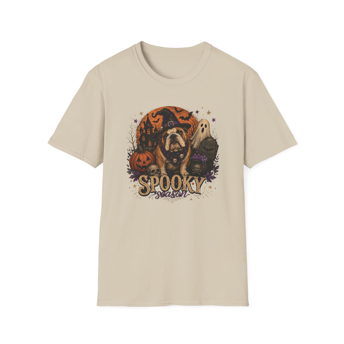 A beige crewneck t-shirt featuring a 'Spooky Wench' graphic print on the front, showing a bulldog surrounded by pumpkins, a ghost, and a haunted house.