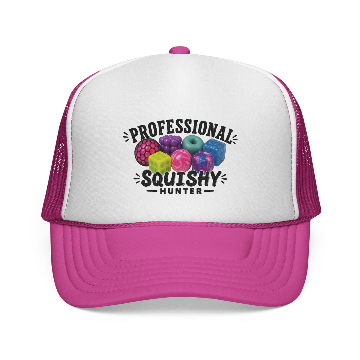 A pink and white trucker hat featuring a graphic on the front panel that reads 'PROFESSIONAL SQUISHY HUNTER' with colorful squishy balls, set against a plain white background.
