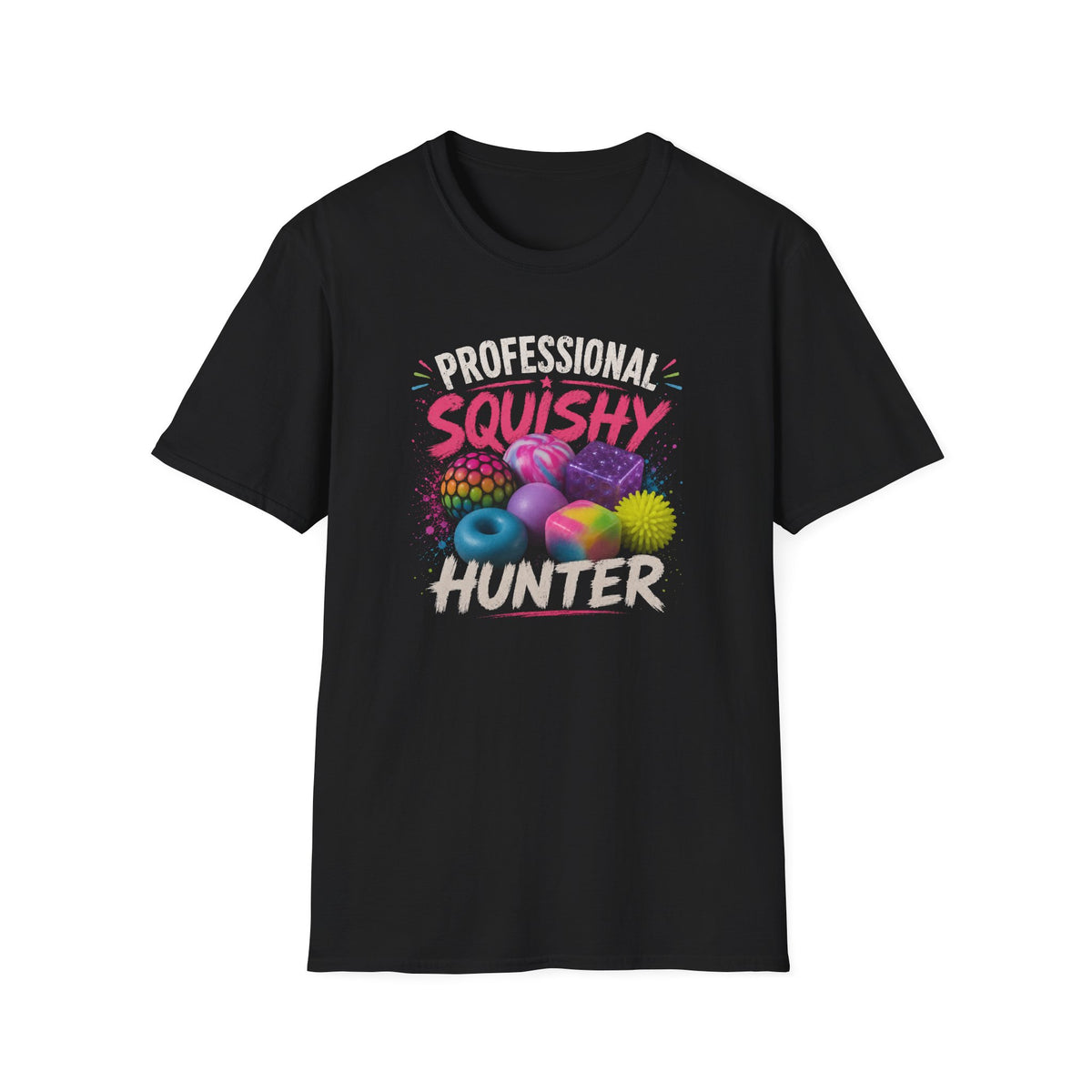 A black short-sleeve crewneck t-shirt featuring a colorful graphic print on the front with the text 'PROFESSIONAL SQUISHY HUNTER' and illustrations of various squishy toys.