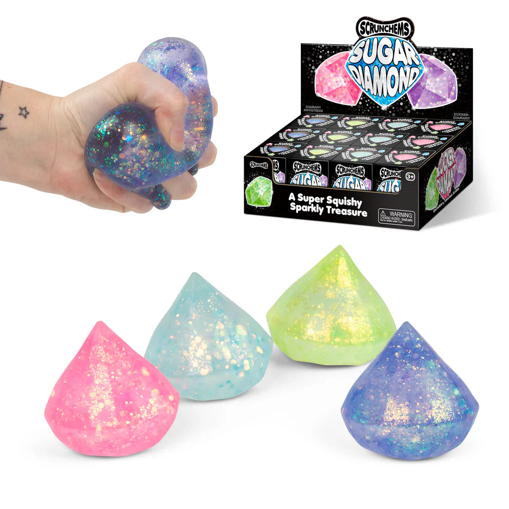 Colorful glittery stress balls with a hand squeezing one, and a box labeled 'Sugar Diamond' in the background.