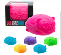 A pink Nee Fuzz Wild Ball Cat dog toy with a textured, ridged surface and heart-shaped details, shown next to its black retail box. Five additional toy balls in blue, purple, yellow, and green are arranged below on a white background.