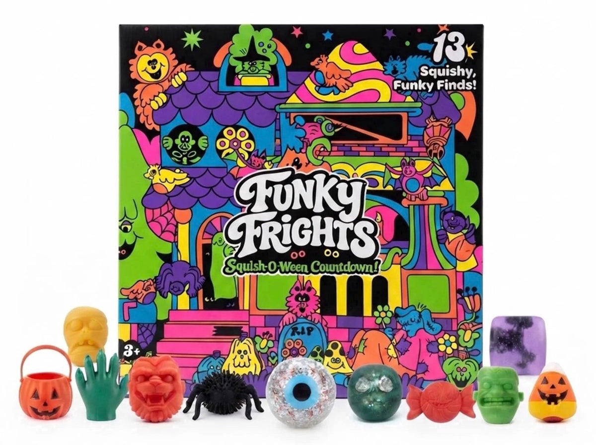 Funky Frights Squishy O'ween Countdown! box with colorful Halloween-themed packaging and multiple squishy toy items displayed in front on a white background.