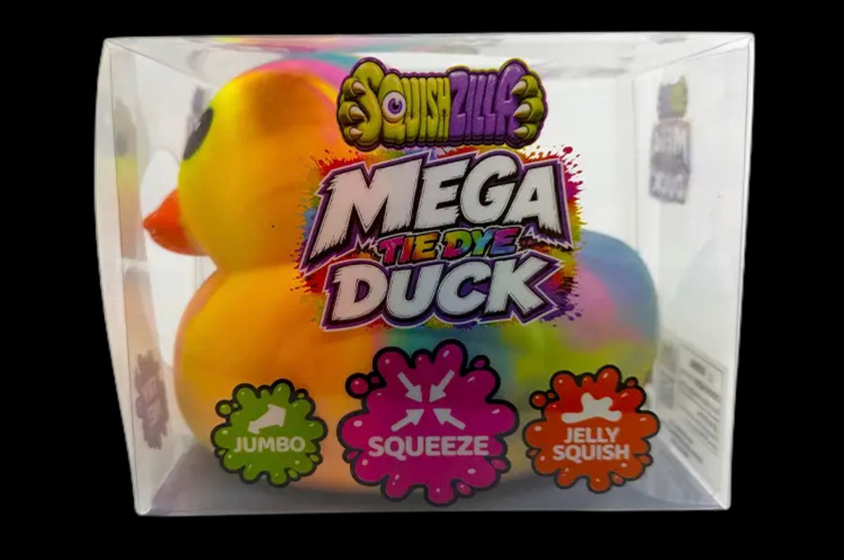 Fun Doh SquishZilla Mega Tie-Dye Duck Jumbo Squishy Toy in clear display packaging. Features a colorful yellow, orange, pink, blue, and green tie-dye duck with a soft jelly squish texture. Packaging highlights Jumbo Size, Squeeze, and Jelly Squish sensory features.