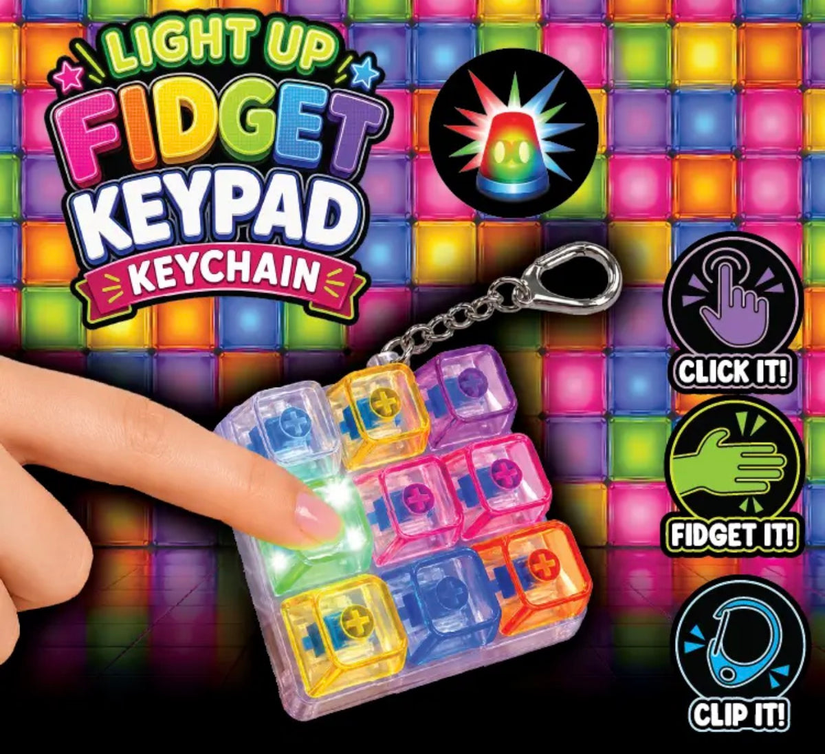 A light-up fidget keypad keychain shown with a finger pressing one of its glowing keys. The product features multiple translucent colored square keys in yellow, green, blue, purple, and pink, attached to a silver metal clip.