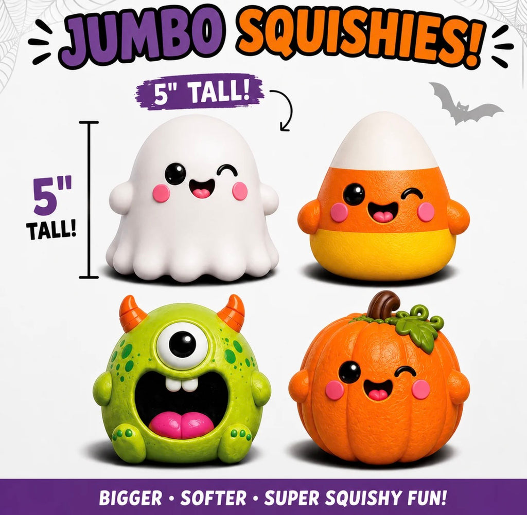 Promotional graphic for jumbo squishies showing four cute Halloween-themed squishy toys: a white ghost, a candy corn, a green one-eyed monster, and an orange pumpkin. Large text reads 'JUMBO SQUISHIES!' and '5" TALL!' with measurement callouts, on a white background with decorative bat graphics.