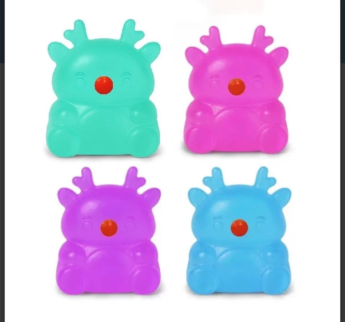 Four small reindeer-shaped bath or body items arranged in a 2x2 grid on a white background, shown in mint green, pink, purple, and light blue, each with a small red nose.