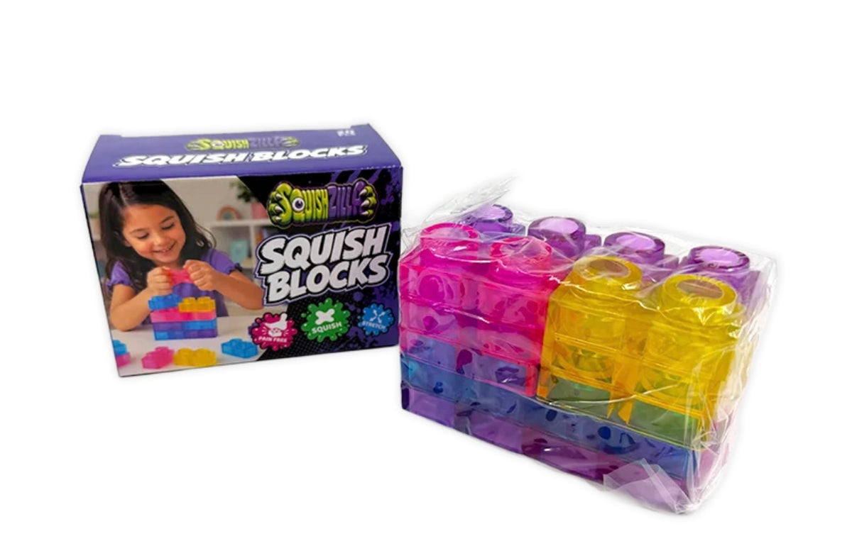 Squish Blocks toy set shown with its retail box and a clear plastic-wrapped pack of translucent multicolor building blocks on a white background.