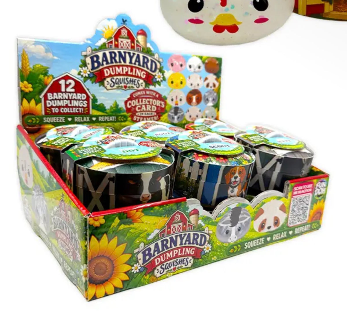 A retail display box of Barnyard Dumpling Squeeshies, showing multiple squeeze figures inside a colorful illustrated carton with sunflowers, a barn sign, and character graphics on a white background.