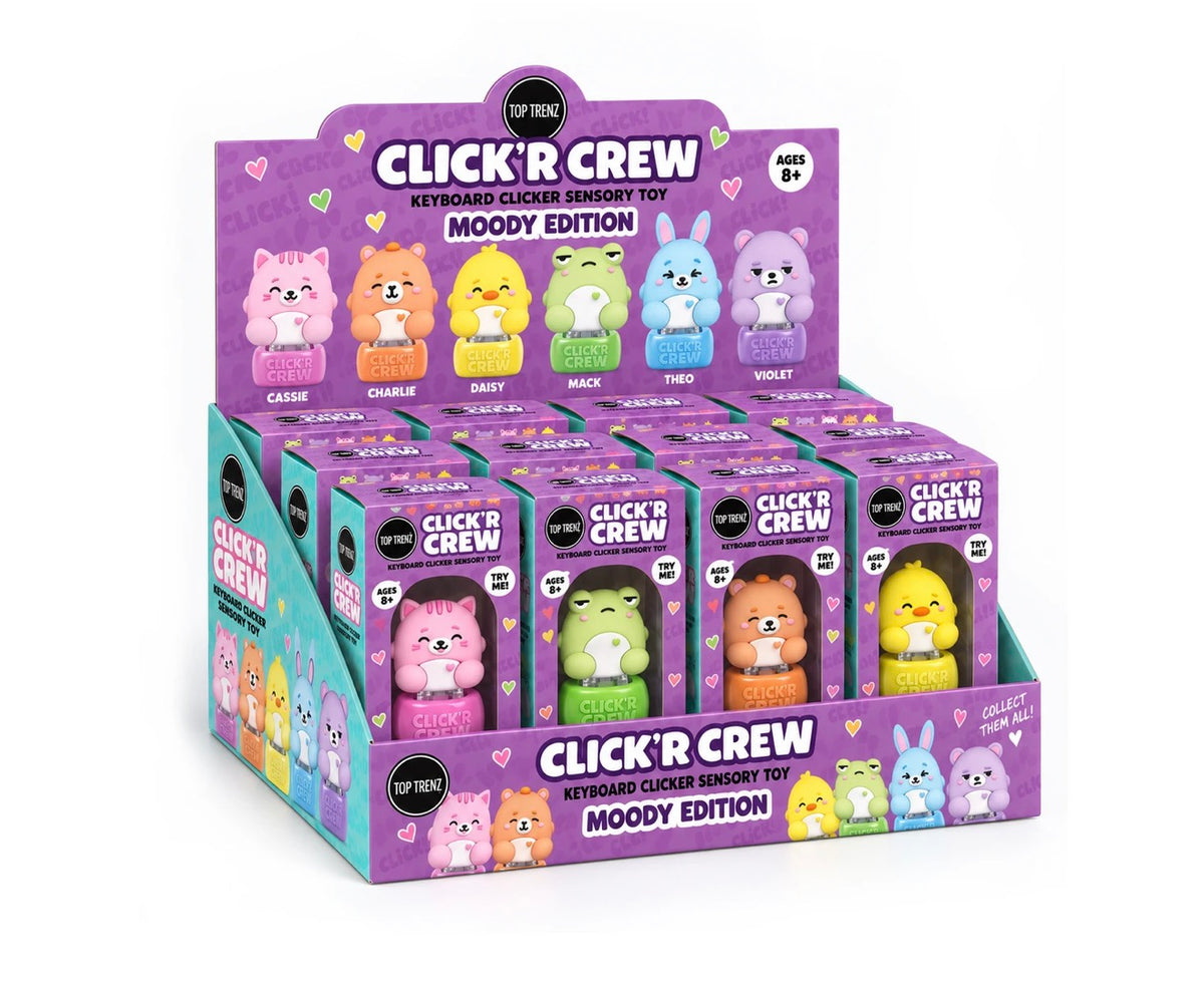 A retail display box filled with small CLICK 'R CREW keyboard clikker sensory toy packages in the 'Moody Edition' series, featuring colorful cartoon characters on purple packaging.