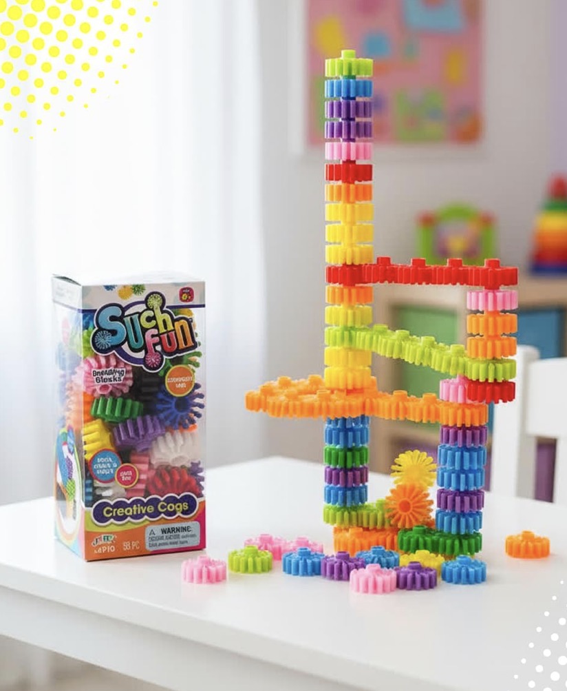 Rainbow-colored plastic building blocks and a matching retail box on a white table in a bright indoor room. The box reads 'Sush Fun Creative Dog' and the assembled blocks form a tall dog-shaped structure.