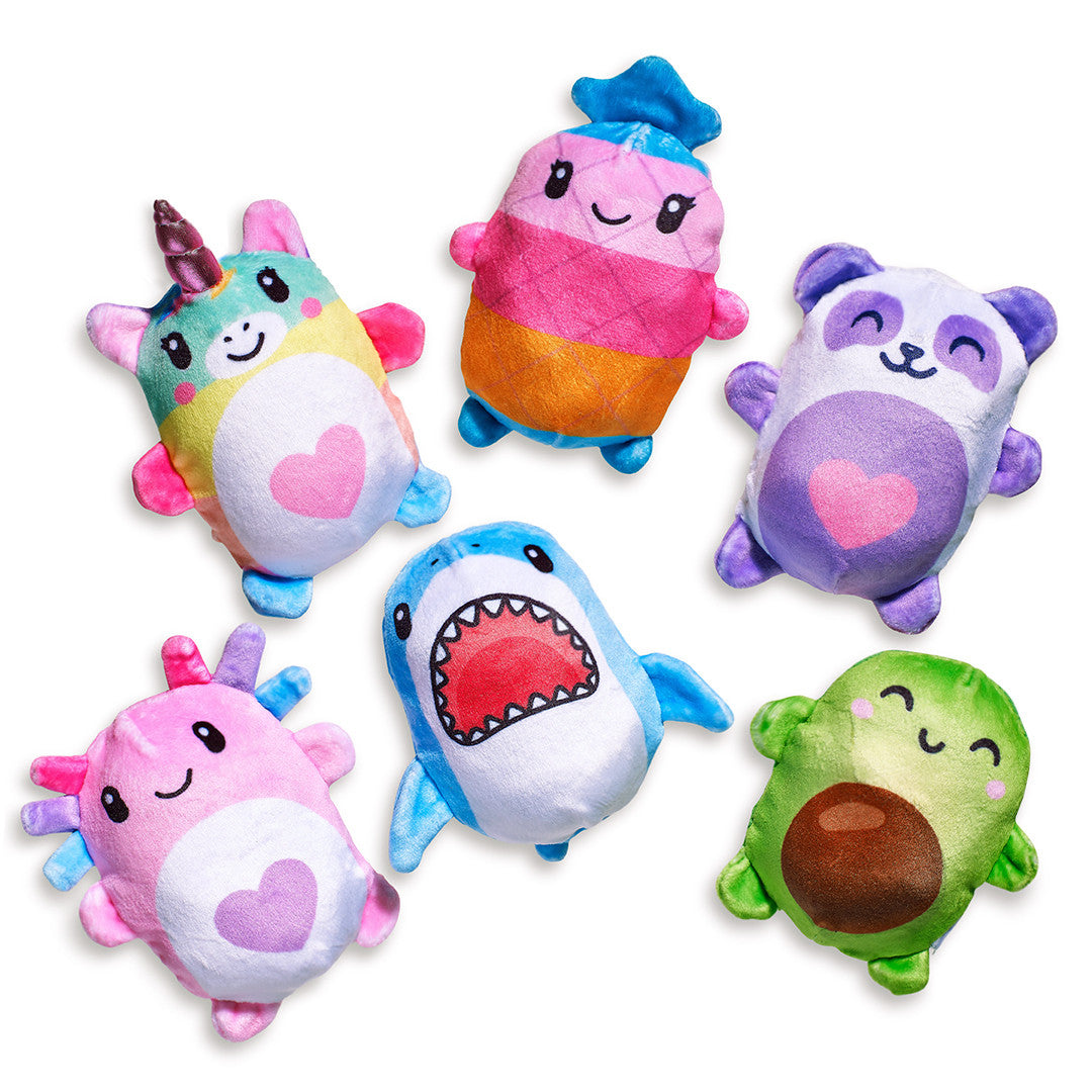 Set of colorful plush toys with cartoonish designs on a white background