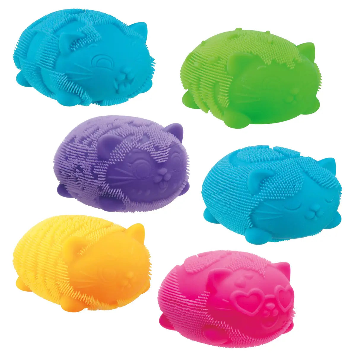 Set of colorful cat-shaped bath toys on a white background