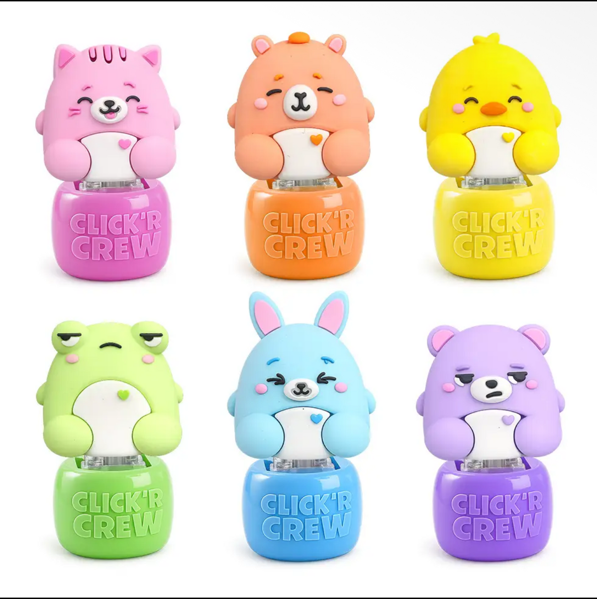 Six cartoon-shaped clip-on nail polishes arranged in a 2x3 grid on a white background, each in a different pastel color: pink cat, orange bear, yellow chick, green frog, blue bunny, and purple bear. The words 'CLICK GREEN' are visible on the bases.