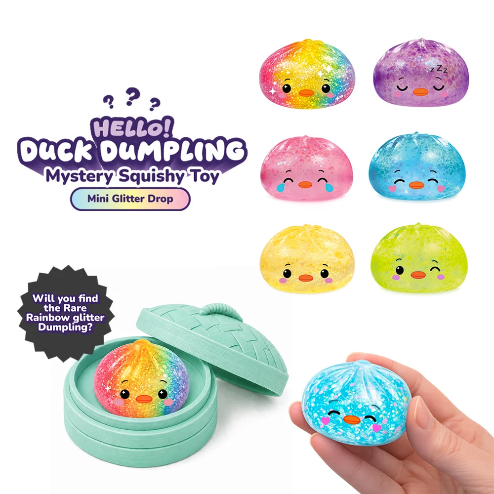 Hello! Duck Dumpling Mystery Squishy Toy set featuring a mint green clamshell container, a hand holding a blue glittery duck dumpling, and six colorful glittery duck dumplings displayed above on a white background.