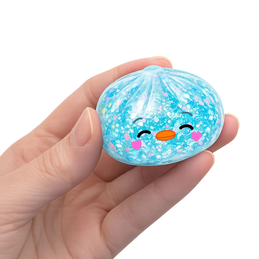 Hand holding a blue glittery ball with a face design on a white background