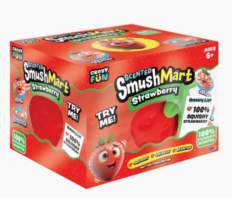 A red box of Crazy SmushMart Scented Strawberry squishy toys, featuring cartoon strawberry graphics and product details on a white background.