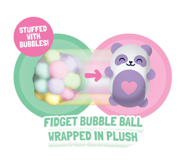 A product graphic showing a cute panda-shaped squishy toy with a heart on its belly, alongside a cluster of pastel bubble balls and text reading 'STUFFED WITH BUBBLES!' and 'FIDGET BUBBLE BALL WRAPPED IN PLUSH'.