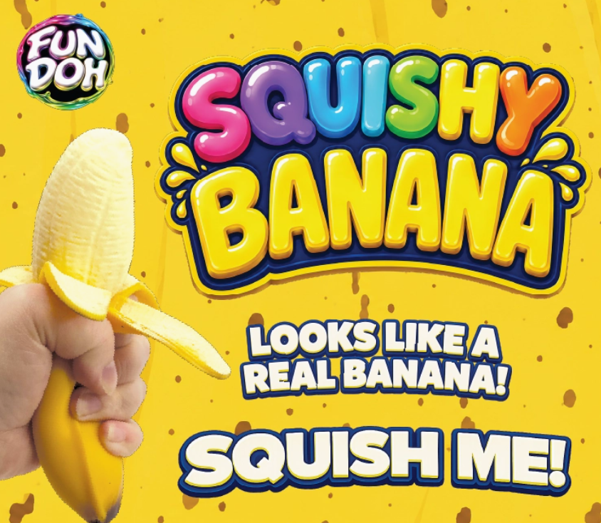 A hand holds a yellow squishy banana toy shaped like a peeled banana against a bright yellow background with colorful 'Squishy Banana' text and a Fun Doh logo.
