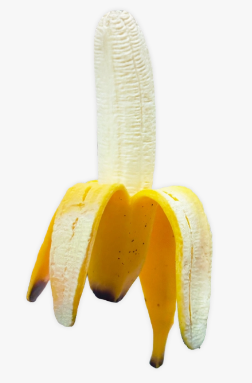 A peeled banana with its yellow peel partially pulled back, showing the pale cream-colored fruit underneath, isolated on a white background.